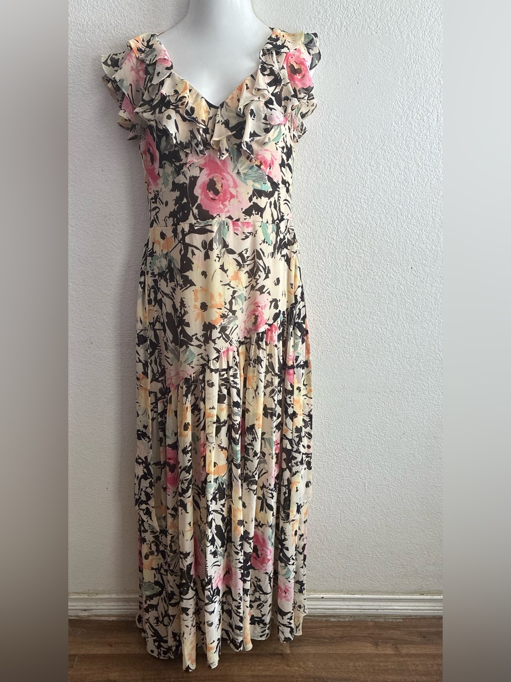 Ralph Lauren Floral Chiffon Gown Maxi Dress Cream with Pink Floral Print 10 - Picture 5 of 16